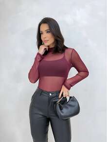 Women's Transparent Style Bodysuit Sensual Look In Plain Tulle High Neck Perfect Look For A Night Out Party - 紅木色 - 查看 4