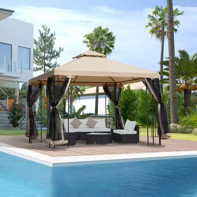 Outsunny 3 M X 3 M Garden Gazebo, Double Roof Outdoor Gazebo Canopy Shelter With Netting, Solid Steel Frame For Garden, Lawn, Backyard And Deck