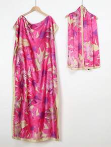 1pc Lightweight Faux Silk Printed Robe With Scarf Set, Women Coverup For Beach, Sun Protection, Daily Wear - Multicolor - View 6