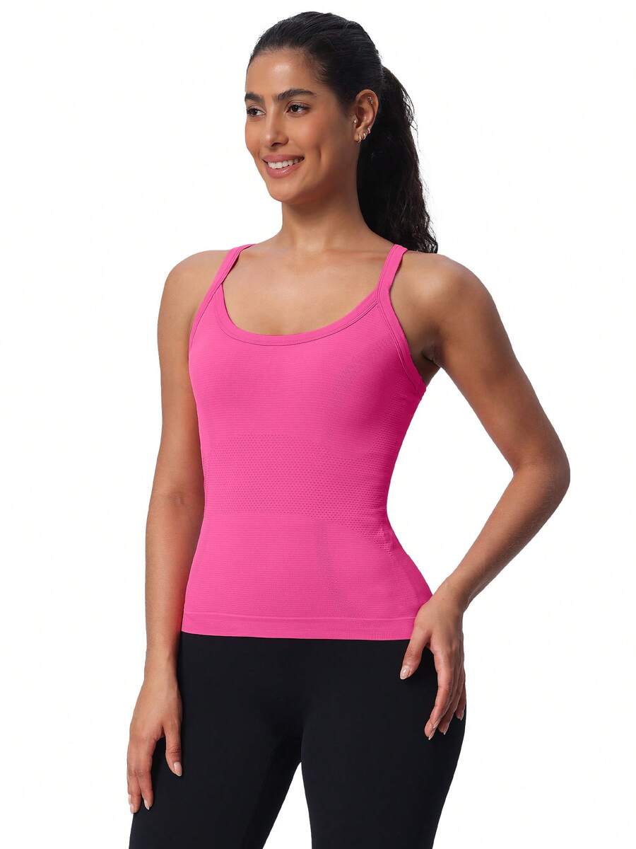 Camisetas sin mangas para entrenamiento MathCat para mujer con sujetador incorporado, camisetas sin mangas para gimnasio, camisetas deportivas para yoga con espalda cruzada sin costuras - Rosa melocotón - Ver 1
