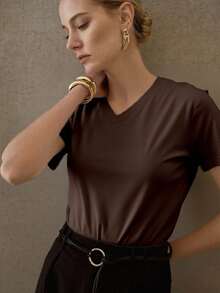 Camiseta basica playera mujer dama cuello v cuello en pico manga corta algodón comoda fresca lisa suave - Marrón Chocolate - Ver 1