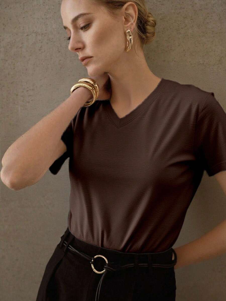 Camiseta basica playera mujer dama cuello v cuello en pico manga corta algodón comoda fresca lisa suave - Marrón Chocolate - Ver 1