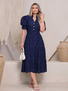 Women's Fashion Midi Dress In 3D Laise Fabric With Elastex On The Back And Button On The Front And Lining - 海軍藍.3d - 查看 2