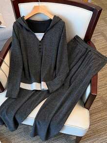 Plus Size Casual Patchwork Color Block 2 In 1 Sweatshirt & Pants Set, Autumn - Grey - View 6