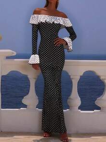 Women's Elegant Commuter Casual Versatile Long Sleeve Colorblock Polka Dot Off Shoulder Ruffle Hem Bodycon Maxi Dress, Suitable For Halloween, Christmas Eve, Christmas, Spring Festival, Outing, Gathering With Friends, Shopping, Entertainment, Work, Etc. Basic Jacket Fabric Is Comfortable, Stylish Design, High Cost-Performance, Suitable For Autumn/Winter Wear
