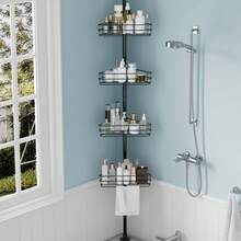 Adjustable Shower Caddy Corner For Bathroom, 4-Tier Rustproof Bathroom Organizer Shelves With Tension Pole, Floor Standing Bath Rack For Bathtub Shampoo Storag, Black - Black - View 1