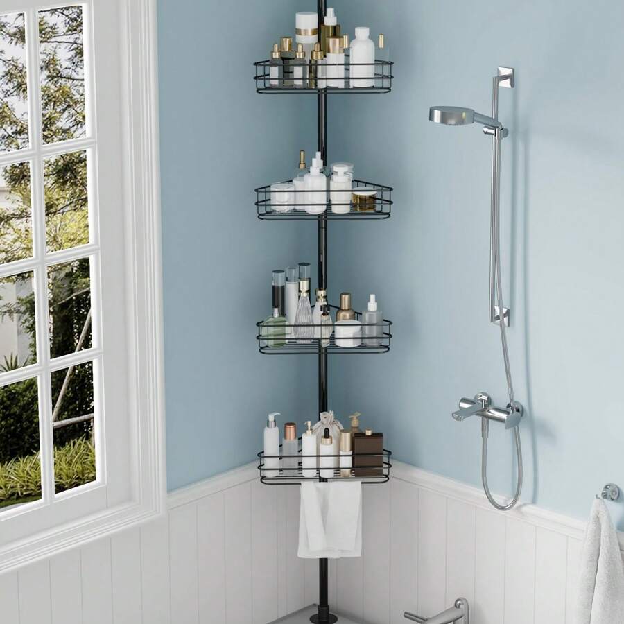 Adjustable Shower Caddy Corner For Bathroom, 4-Tier Rustproof Bathroom Organizer Shelves With Tension Pole, Floor Standing Bath Rack For Bathtub Shampoo Storag, Black - Black - View 1