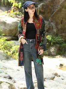 LUZU JUNU Women's Trench Coat Floral Print Long Cotton Linen Jacke Cottagecore Clothing Patchwork Outwear Bohemian Unique - 綠色夾克毛絨襯裡 - 查看 8