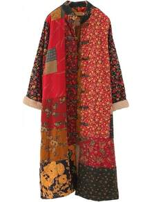 LUZU JUNU Women's Trench Coat Floral Print Long Cotton Linen Jacke Cottagecore Clothing Patchwork Outwear Bohemian Unique - 黃色毛絨襯裡 - 查看 2
