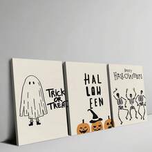 Set de 3 piezas de arte de pared en lienzo de Halloween - Impresiones vibrantes de calavera y calabaza, perfectas para la decoración de la sala de estar, el dormitorio, el pasillo, las decoraciones de Halloween, perfectas para la decoración de otoño de la habitación, pósteres de arte de pared sin marco vintage