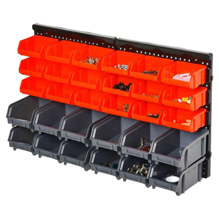 30-Bin Wall-Mounted Storage Rack Organizer With Pegboard For Garages And Workshops – Efficient Tool And Supply Management In Red