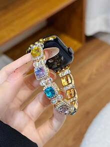 1pc Gemstone & Glitter Jewelry Crystal Diamond Encrusted Gold Metal Frame Watch Band, Compatible With Ultra3 2 1 SE S10 S9 S8 S7 S6 S5 S4 S3 S2 S1, Fashionable & Elegant, Suitable For 38mm 40mm 41mm 42mm 44mm 45mm 46mm 49mm Smart Watches Women
