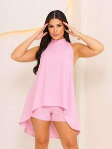 Women's Loose Halter Jumpsuit Set In Fresh Duna Fabric - Baby Pink - View 5