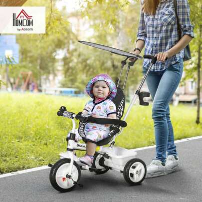  HOMCOM Triciclo per Bambini con Maniglione di Spinta, Tettuccio, Barra e Box Portaoggetti, Triciclo Passeggino in Metallo, Plastica e Poliestere, 105x47x89 cm, Bianco e Nero