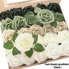 5 peças/15 peças/25 peças Rosa Artificial, Conjunto de Rosas Artificiais Gradiente Verde Floresta - Conjunto de Buquê de Casamento DIY, Adequado para Casamento, Bolo e Decoração de Mesa de Festa. Rosas de Espuma de Simulação em Caixa de Presente Tingida, Atmosfera Leve de Luxo/Simples/Estilo Europeu, Envie para Amigos, Parceiros, Mães, Namoradas. Dia de Natal