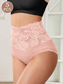 5pcs Women's Cotton High Waist Briefs, Lace Trim Triangle Panties, Soft & Comfortable Underwear For Everyday Wear - 彩色 - 查看 2