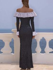 Women's Elegant Commuter Casual Versatile Long Sleeve Colorblock Polka Dot Off Shoulder Ruffle Hem Bodycon Maxi Dress, Suitable For Halloween, Christmas Eve, Christmas, Spring Festival, Outing, Gathering With Friends, Shopping, Entertainment, Work, Etc. Basic Jacket Fabric Is Comfortable, Stylish Design, High Cost-Performance, Suitable For Autumn/Winter Wear