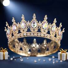 巴洛克水晶皇冠，奢华圆形皇家皇冠，优雅新娘婚礼头饰，派对头饰，金色皇冠，头冠，金色头饰，皇冠，发饰花环，头花圈，发藤，发圈，头冠，伴娘礼物，发饰 - 彩色 - 查看 7