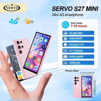 SERVO S27 迷你智能手机安卓 12.0 双摄像头 5MP+2MP 3GB+64GB 双卡 4.0 英寸显示屏 4G WCDMA 手机