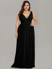 V-Neck Ruffle Waist Pleated Chiffon Bridesmaid Dress, Elegant - Black - View 3
