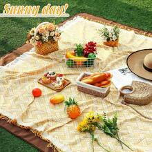 Waterproof Picnic Blankets Outdoor Blanket Foldable 2 In 1 Double Layer Sandproof Beach Mat With Carry Strap For Camping Lawn Park Beach Grass Yellow White