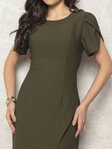 Vestido Midi Feminino Fenda Lateral Com Manga de Petala  Simples    Diário - Verde Militar - Visão 2