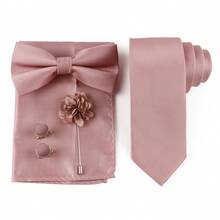 ZONFAZ Bộ 5 món phụ kiện vest nam cổ điển màu trơn cà vạt + nơ + khăn bỏ túi + khuy măng sét + ghim ve áo, thích hợp cho đám cưới, sự kiện trang trọng và mặc hàng ngày - Bụi hồng - Xem 2