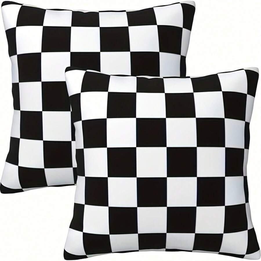 1Pc 18x18 Inch Checkered Pillow Covers Black & White Plaid Square Throw Pillow Cases - Modern Decorative, Machine Washable For Living Room, Bedroom, Outdoor, Bedroom Accessories, Bold Pattern Decor, Easy Care Fabric, Single Sided Print (No Insert), Home Decor, Farmhouse Home Decor - 白色 - 查看 1
