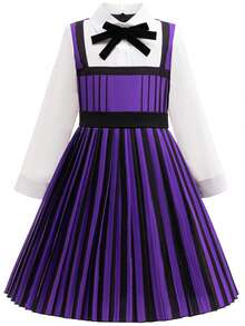 Girls' Striped Dress Set, Halloween Carnival COS Campus Style Costume, Gothic Style Black & Purple Dress With Jacket - Purple - View 4