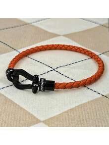 1pc Fashionable Minimalist U-Shaped Micro-Inlaid Half-Brick Magnetic Buckle Braided Leather Bracelet, Unisex Daily Wear, Holiday Gift