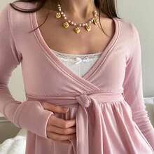 Women Wrap V-Neck Peplum Tops Casual Long Sleeve Tee Shirts Cute Front Twist Tie Knot Shirts Fall Blouses - 粉色 - 查看 6