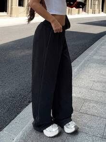 Quần nỉ lưng thun co giãn màu trơn Soltrb dáng rộng thoải mái - màu đen - Xem 2