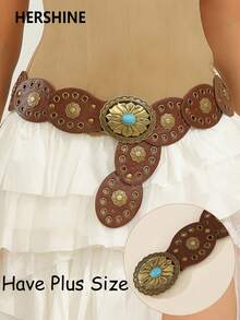 Hershine Cinto feminino estilo country boho chic, com fivela oval em bronze com detalhes em turquesa e patchwork floral em bronze. Ideal para usar com vestidos, saias, no trabalho e em viagens. - Castanho - Ver 10