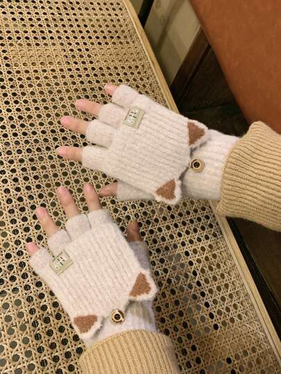 1 par de guantes de punto con orejas de gato, guantes sin dedos gruesos y cálidos de doble uso para el invierno, adecuados para esquiar