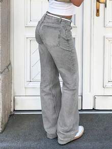 MYOURSA 女士低腰直筒水洗牛仔裤，宽松版型，休闲通勤日常穿着，灰色 - 淺灰色 - 查看 2