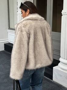 Doriss 大码翻领皮草大衣，冬季款，纽扣式，款式端庄，商务休闲女装，新年、优雅派对、感恩节等场合皆宜。 - 卡其色 - 查看 6