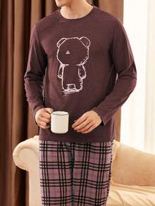 Herbst- und Winterpyjamas für Herren mit rundem Ausschnitt, Bärenmuster-Muster, Langarm-Oberteil & karierter Muster-Hose, lässiger, einfacher Zweiteiler-Hausanzug