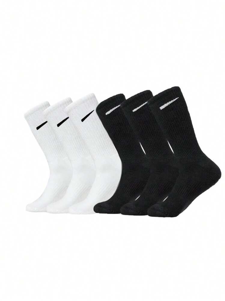 6/12 pares de calcetines deportivos de algodón de media pantorrilla de unicolor negro y blanco de talla grande europea, versátiles, que absorben la humedad y transpirables - Multicolor - Añade 24