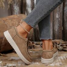 Retro Suede Thick Sole Lace-Up Women's Casual Shoes, Lightweight Shock-Absorbing Fashionable For Daily Wear - Màu Khaki - Xem 5