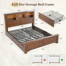 EnHomee Farmhouse Bed Frame With LED Lights And Charging Station Metal Platform Bed With 4 Drawers & Bookcase Headboard No Noise - 棕色 - 查看 11