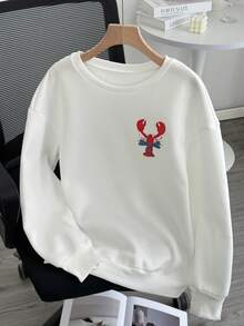 GLOpass Women's Fashionable Versatile Lobster Print Long Sleeve Sweatshirt, Crew Neck Loose Fit Casual Pullover, Suitable For Daily Wear, Travel, Airport