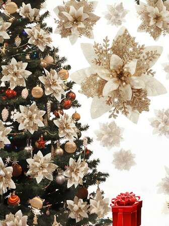 10 st ljusguld julgransglitter julstjärna konstgjorda blommor dekorationer blomdekoration och glitter julstjärna vasprydnader lämpliga för julgransrum heminredning fest bröllop födelsedag alla hjärtans dag festdekoration champagneguld jul julgransdekoration blommor juldekorationer rumsdekor vinter juldekorationer hem julklappar juldekoration