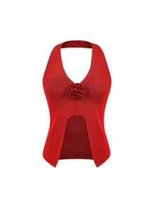 Knit Mix Women's Sleeveless Halter Knit Top Sexy V-Neck Slim Fit Casual Beach Vacation Spring Summer Valentine's Day - Red - View 6