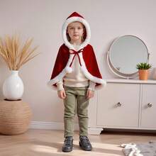 Capa navideña de terciopelo de lujo para niñas, estilo poncho con capucha y ribete de piel sintética, ideal para eventos de cosplay. - Rojo - Ver 8