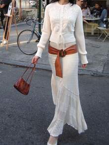 Damski kardigan w nowym stylu, w kolorze morelowym, z okrągłym dekoltem, długim rękawem, ściągaczem u dołu i guzikami, szydełkowany, z teksturą, modny i elegancki, prosty, sportowy, rekreacyjny, lekki, dzianinowy top Y2K, na jesień i zimę