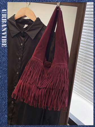 1pc Large Capacity Tassel Shoulder Bag, Lightweight Dual-Layer Tasseled Tote Bag, Suitable For Women Travel, Vacation And Daily Shopping