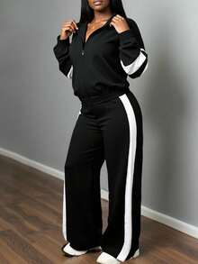 Plus Size Women Casual Sports Street Style Stand Collar Zip-Up Long Sleeve Sweatshirt And Wide Leg Pants 2 Pieces Set, New Arrival In White And Black Color Block Sporty Outfit, Casual Beach Sports Sweatshirt Hoodie For Outdoor, Office, Home, Airport, Spring Autumn, Graduation, Back To School, Teacher Outfit, Loose Fit Long Sleeve Top And Wide Leg Pants