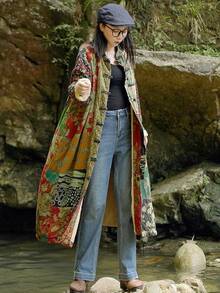 LUZU JUNU Women's Trench Coat Floral Print Long Cotton Linen Jacke Cottagecore Clothing Patchwork Outwear Bohemian Unique - 綠色毛絨襯裡 - 查看 5