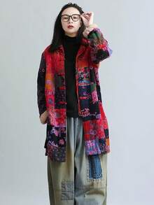 LUZU JUNU Women's Trench Coat Floral Print Long Cotton Linen Jacke Cottagecore Clothing Patchwork Outwear Bohemian Unique - 玫瑰夾克毛絨襯裡 - 查看 7