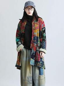 LUZU JUNU Women's Trench Coat Floral Print Long Cotton Linen Jacke Cottagecore Clothing Patchwork Outwear Bohemian Unique - 復古灰色夾克毛絨襯裡 - 查看 7